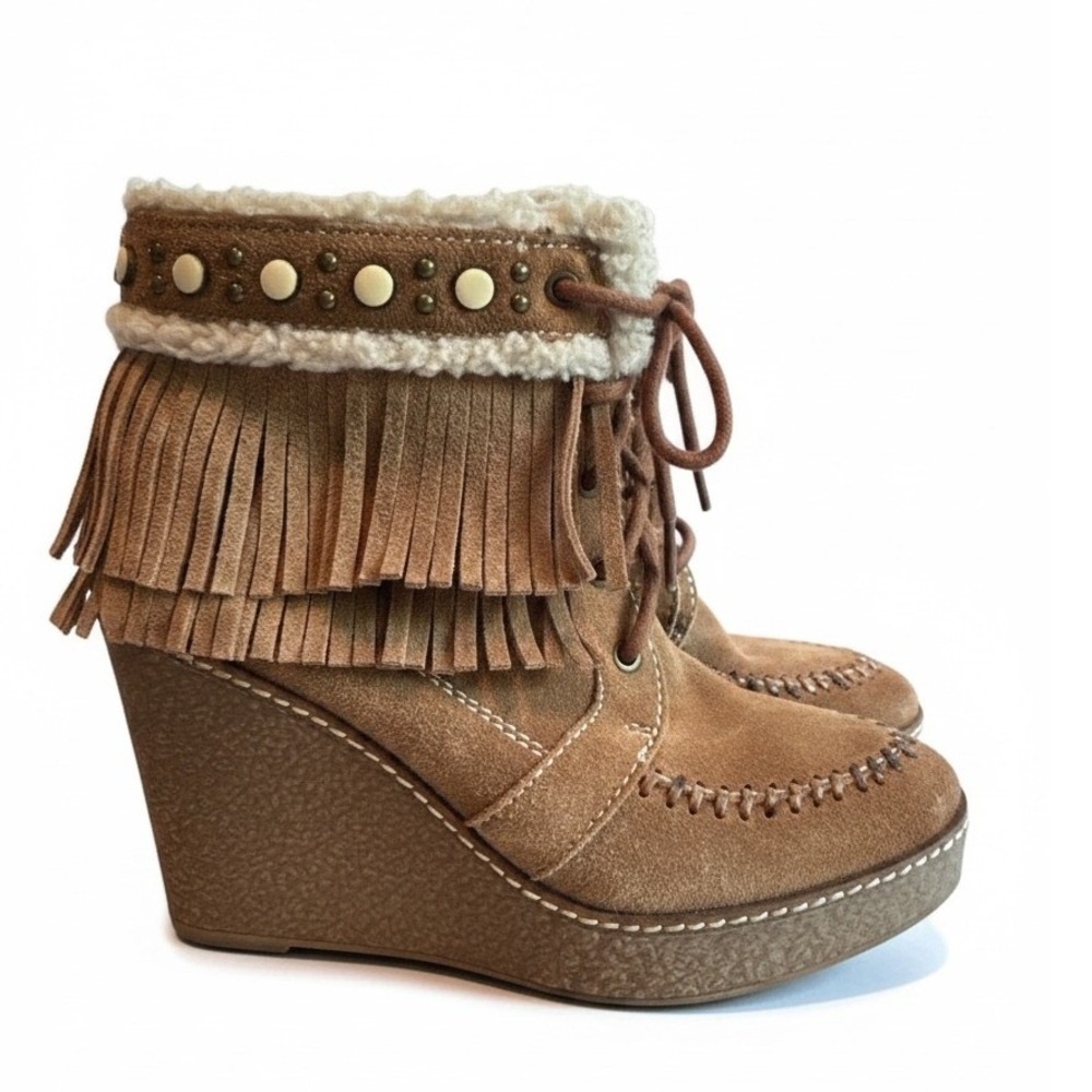 Sam Edelman Fringe Wedge Boots 7.5 Tan Suede Moccasin Boho Western Aesthetic